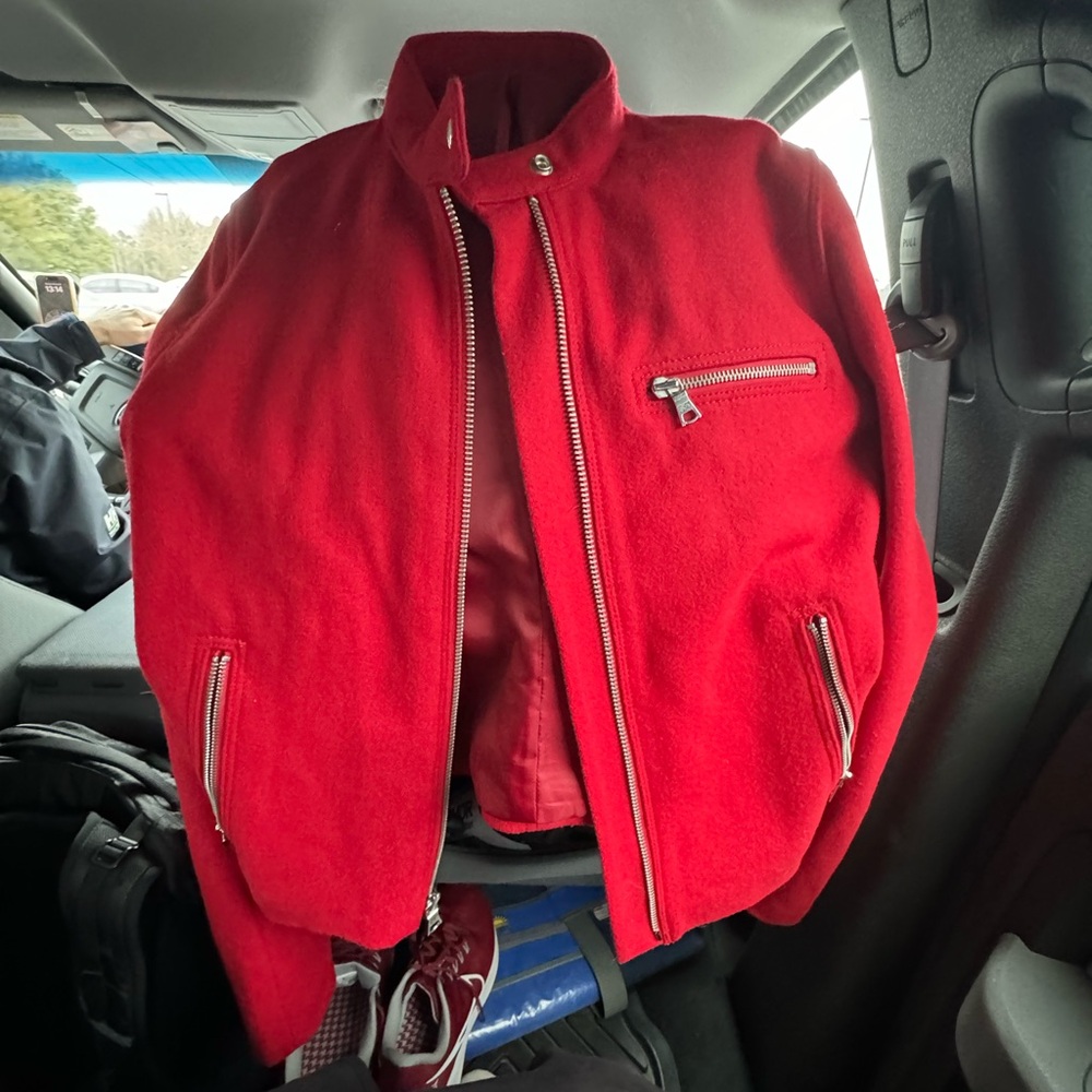 Red Bomber Jacket with Stand-Up Collar and Relaxed Fit